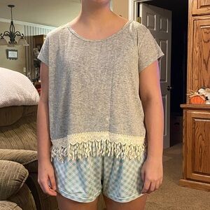 Gray Fringe Hem Top